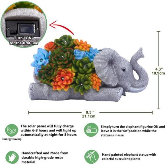 Elephant Statue with Succulent for Garden Decor: Solar Outdoor Sculptures - Picture 4 of 7